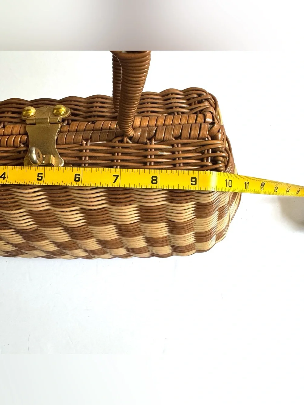 Vtg Checkered Wicker Handbag Purse Basket Bag Turn Lock Boho Cottagecore Coastal - Picture 15 of 16